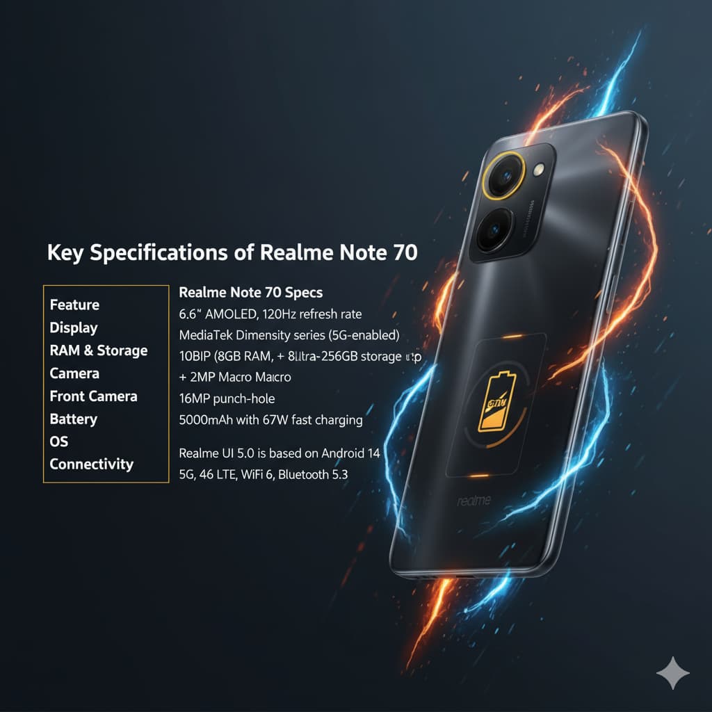 Key Specifications of Realme Note 70, make a image on this
